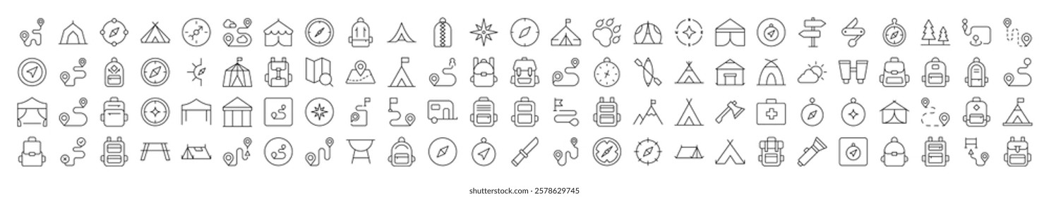 Backpack, Road, Map Pin, Compass, Tent Line Icon Pack. Editable Stroke. Minimalistic Linear Pictogram for Design of Cards, Apps, Banners, Posts  