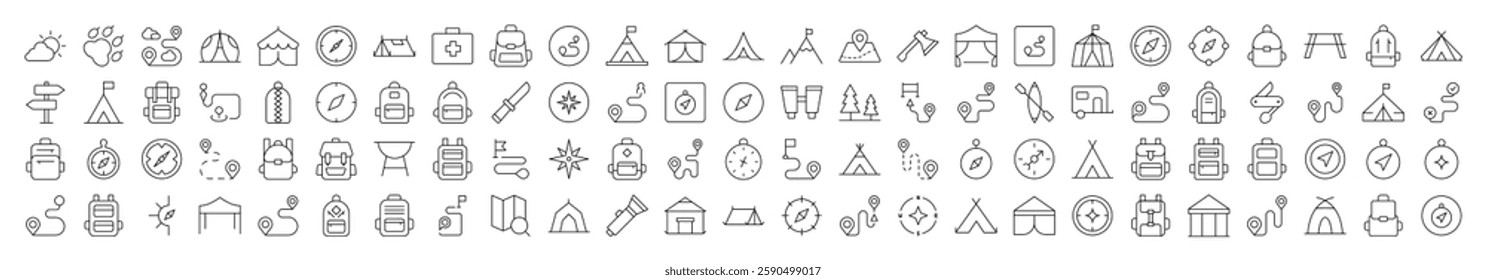 Backpack, Road, Map Pin, Compass, Tent Outline Web Line Icons Collection. Editable Stroke. Minimalistic Linear Pictogram for Design of Cards, Apps, Banners, Posts 