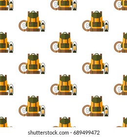 Backpack, rope, carbine, lantern. Seamless pattern. Vector illustration on a white background Swatch inside