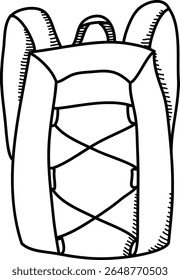 A backpack with a rope detail in a bold line drawing style. The bag features a crisscross rope pattern on the front and sturdy straps. Cartoon vector illustration.
