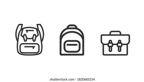 backpack. rucksack. Knapsack. Schoolbag. Sack line icon set