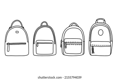 Backpack rucksack set doodle black and white simple vector illustration