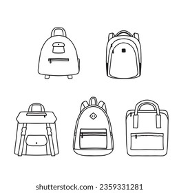 Backpack rucksack set. Doodle black and white simple vector illustration isolated on white background