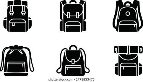 Backpack and rucksack silhouette vector set featuring hiking daypack school bag drawstring and travel knapsack designs isolated on white background