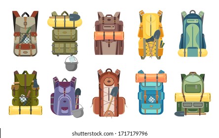 Backpack, rucksack and travel bag with tourist equipment icons of hiking, camping, tourism and outdoor adventure vector design. Backpacks with camp gears, mats, sleeping bags and knives, axes, spades