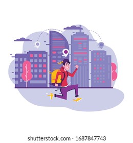 Сourier with a backpack run deliver the package. Flat cartoon vector color illustration for web. Panorama city background.