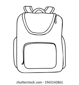 Backpack. School bag in doodle style. Sportswear. Vector isolated element on white background. Coloring. Sticker. Use in decor, messages, logos, diaries, schedules, calendars, notebooks. Eps10.