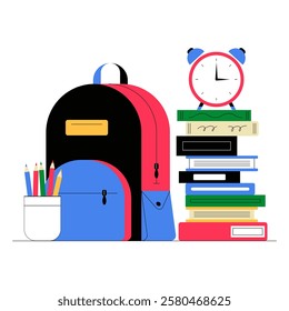 Backpack With School Books, Alarm Clock, And Stationery In Flat Vector Illustration Symbolizing Education, Studying, And Academic Preparation, Isolated On White Background