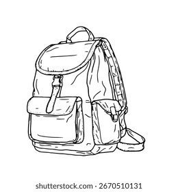 Backpack for school and camping, black and white ink sketch. Vector illustration. The bag is a bag, isolated on a white background. For students, schoolchildren and tourists, for travel and recreation