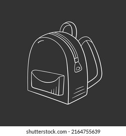 Backpack school in doodle style, vector illustration. Back to school concept, hand drawn icon for print and design. Isolated element on chalkboard background. Rucksack symbol for study and fashion