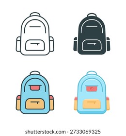 Conjunto de colores de iconos escolares de mochila. Vector ilustración aislada.