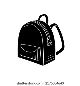 Backpack school in simple style, vector illustration. Back to school concept, hand drawn silhouette for print and design. Isolated element on a white background. Rucksack symbol for study and fashion
