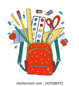 Backpack with school stationery inside. Hand drawn outline color doodle sketch vector illustration on white background