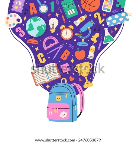 Backpack with school supplies. Back to school concept. Vector illustration in flat style