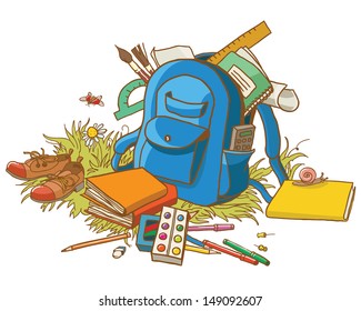 Backpack and School Supplies. Back to School Decoration. VECTOR. Great design for advertising or card. Great illustration for a school books and more. VECTOR. Editorial. Education.