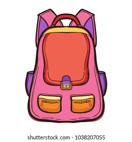 Backpack with school supplies. School bag standing isolated on white background. Hand drawn illustration equipment for education. Art College supplies