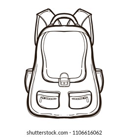 Backpack with school supplies. School bag standing isolated on white background. Hand drawn illustration equipment for education. Art College supplies. Coloring book for adults