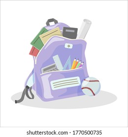 Backpack with school supplies and baseball ball isolated on white background