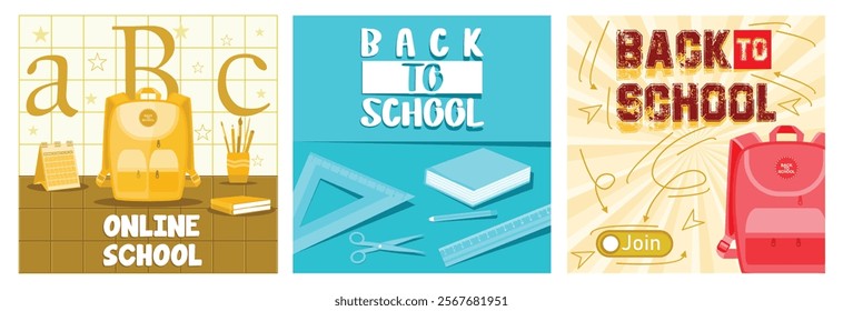 Backpack with school supplies. Books, pencils, rulers, triangular rulers, and scissors. Background with graffiti. Back to school concept. Set flat vector illustration.