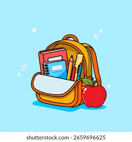 Mochila con útiles escolares para la Educación y el aprendizaje, Ilustración vectorial temática de regreso a la escuela