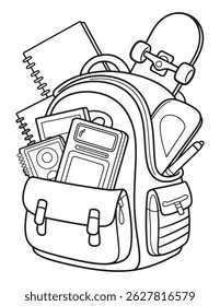 Backpack with School Supplies Line Art