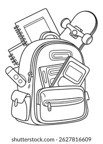 Backpack with School Supplies Line Art