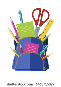 Backpack with school supplies, notebooks, pencils, pens, rulers, scissors, paper. Education and study back to school, schoolbag luggage, rucksack vector illustration
