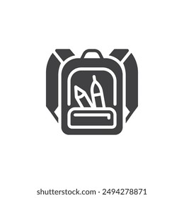 Rucksack mit Schulbedarf Vektorgrafik-Ikone. Gefülltes flaches Schild für mobiles Konzept und Webdesign. Rucksack Gepackte Glyphe Symbol. Symbol, Logo-Darstellung. Vektorgrafik-Grafiken