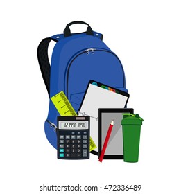 Backpack with school supplies, vector illustration