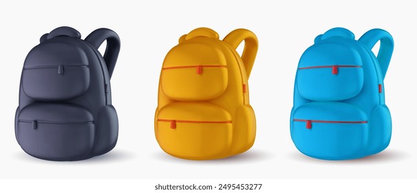 Backpack for school or travel in different colors. Vector 3d illustration. Modern design element in cartoon realistic style.