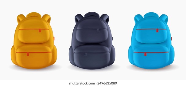 Mochila para la escuela o el viaje en diferentes colores. Vector 3d ilustración. Elemento de diseño moderno en estilo realista de dibujos animados.