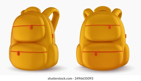 Mochila para la escuela o viajar en diferentes vistas. Vector 3d ilustración. Elemento de equipo amarillo en estilo realista de dibujos animados.