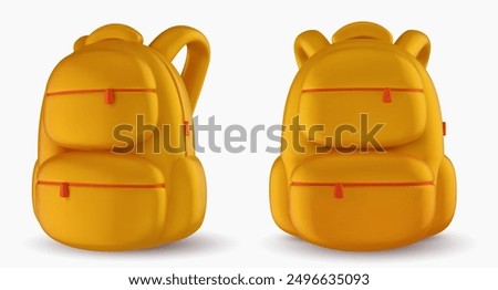 Backpack for school or travel in different views. Vector 3d illustration. Yellow equipment element in cartoon realistic style.