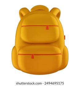 Backpack for school or travel. Vector 3d illustration. Yellow equipment element in cartoon realistic style.