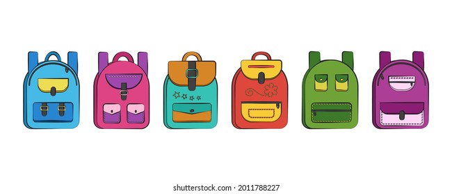 Iconos vectoriales de mochila escolar. Objetos coloridos de dibujos animados aislados sobre fondo blanco. Ilustración de la educación