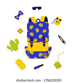 Mochila, ilustración plana de bolso de escuela. Ilustración de dibujos animados en la escuela.