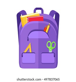 Backpack schoolbag icon in flat style. Hiking backpack. Kids backpack with notebook and ruler, education and study school, rucksack, urban backpack vector illustration on white background
