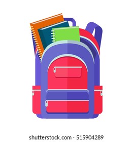 Backpack Schoolbag Icon In Flat Style. Hiking Backpack. Kids Backpack With Notebook And Ruler, Education And Study School, Rucksack, Urban Backpack Vector Illustration On White Background