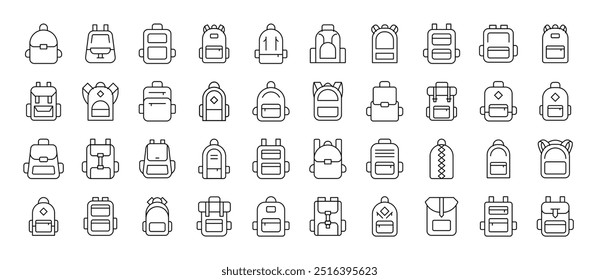 Backpack, Schoolbag Pack of Thin Icons. Editable Stroke. Suitable for Web Sites, Books, Cards, Apps 