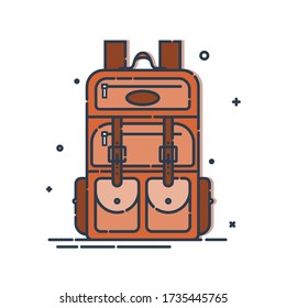 Backpack or schoolbag with pockets and zipper element. Education and study rucksack for students and traveling icon. Tourism bag. Front view. Flat line art illustration isolated on white background.