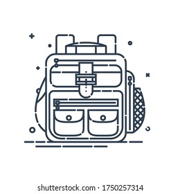 Backpack or schoolbag with pockets and zipper element. Education and study rucksack for students and traveling icon. Tourism bag. Front view. Flat line art illustration isolated on white background.