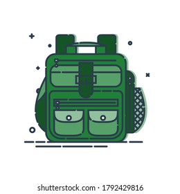 Rucksack oder Schultasche mit Taschen und Reißverschluss. Erziehung und Studium Rucksack für Studenten und Reisesymbol. Tourismustasche. Vorderseite. Flache Kunstgrafik einzeln auf weißem Hintergrund.