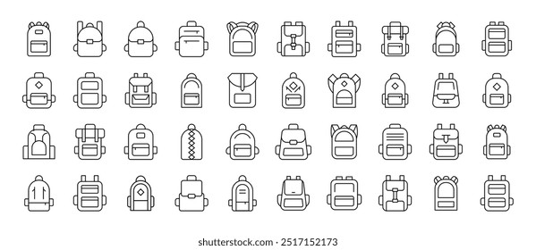 Rucksack, Schultasche ähnliche Icon-Set. Bearbeitbarer Strich. Geeignet für Webseiten, Bücher, Karten, Apps 