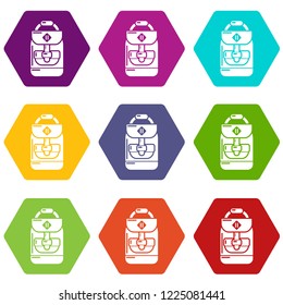 Backpack schoolboy icons 9 set coloful isolated on white for web