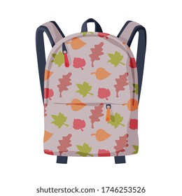 Mochila para escolares o estudiantes, vista frontal de la mochila textil con patrón de hojas con vectores de estilo plano Ilustración