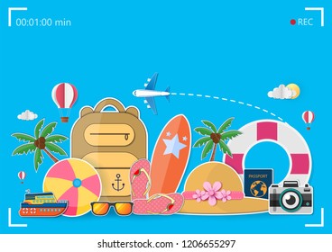 Backpack with sea in summer time. view of the camera on blue Background Design. plane, airplane travel accessories around the world concept. paper art, vector, illustration, banner, Card, Poster