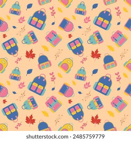 backpack seamless pattern with leaves, autumn season, back to school element, school stationery design