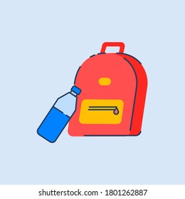 Rucksack-halbe RGB-Farbvektorgrafik. Kleiner roter und gelber Rucksack für Tourismus- und Campingaktivitäten. Touristenbeutel mit Wasser einzeln auf blauem Hintergrund