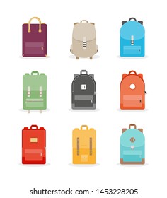Backpack set. Colorful back packs for school, travel, tourism and sport. Vector illustration, flat design