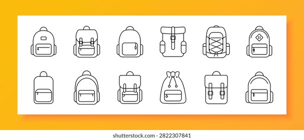 Backpack set icon. Campus pack, flap closure, minimalist design, expedition rucksack, lace fastening, decorative emblem, compact carryall, academic supply, front compartment